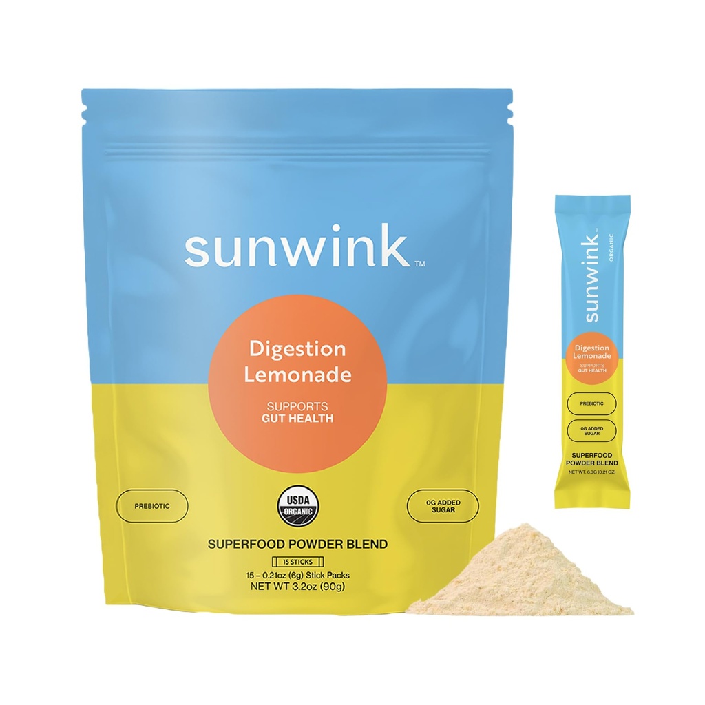 Sunwink - Digestion Lemonade Powder - Gut-Friendly Drink Mix with Plant-Based Botanicals (6g Each, Pack of 15)