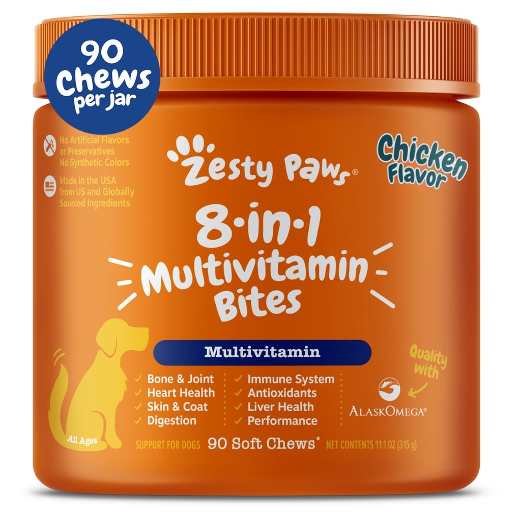 Zesty Paws Dog Multivitamin, Hip & Commons, Skin & Coat, Omega 3 Fish Oil for Köpekler- Senior & Puppy Multivitamin- Chicken- 90ctpy