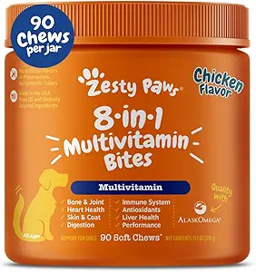 Zesty Paws Dog Multivitamin, Hip & Commons, Skin & Coat, Omega 3 Fish Oil for Köpekler- Senior & Puppy Multivitamin- Chicken- 90ctpy