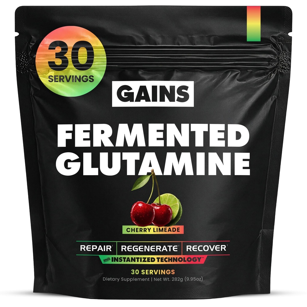 Gains in Bulk L-Glutamine, Gluten Free Glutamine Powder for Muscle Recovery and Growth, Post Workout Support, Amino Acid Supplement, Promotes Protein Synthesis, Non GMO, Cherry Limeade, 30 Servings