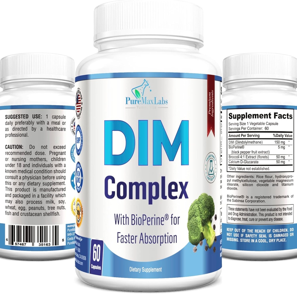 DIM Supplement – 150 mg DIM (diindolylmethane), Broccoli, Kalsiyum D-Glucarate & Bioperine - Erkekler ve Kadınlar için Hormon Dengesi, Estrogen, Menopause Balance - 60 Capsules