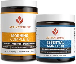 ACTIVATEDYOU Πρωινή Πλήρης Πρεβιοτικά, Προβιοτικά, Πράσινα Superfoods (Citrus Medley) + Essential Skin Food Collagen, Elastin Υποστήριξη, 30 Υπηρεσίες
