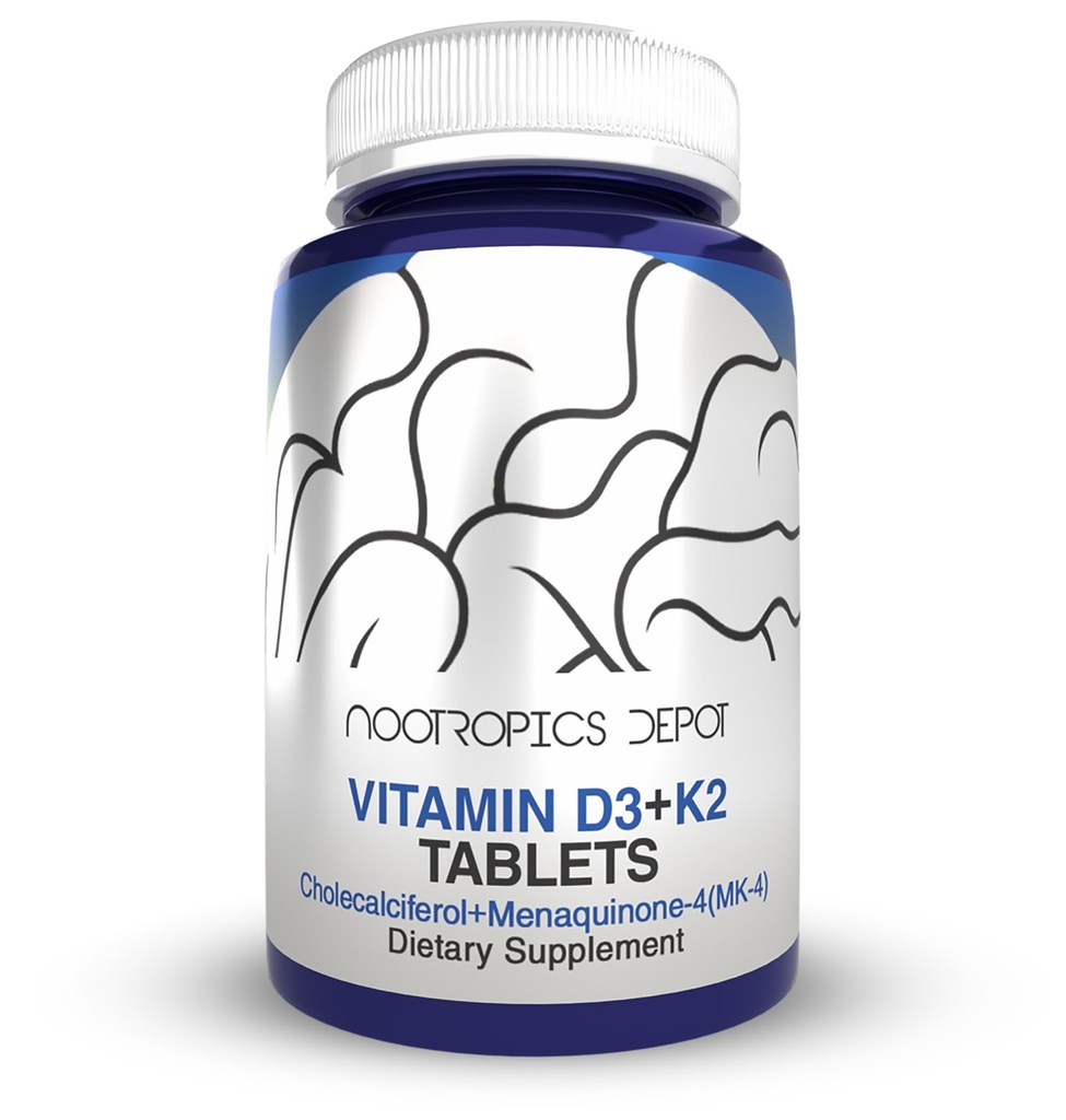 Nootropics Depot Vitamin D3 + K2 Vitamin C Tabletleri ile | 60 Kont | Cholecalciferol + Menaquinone-4 (MK-4) | Mood, & Bone Health | Sağlıklı Temizlik Aborpsiyon