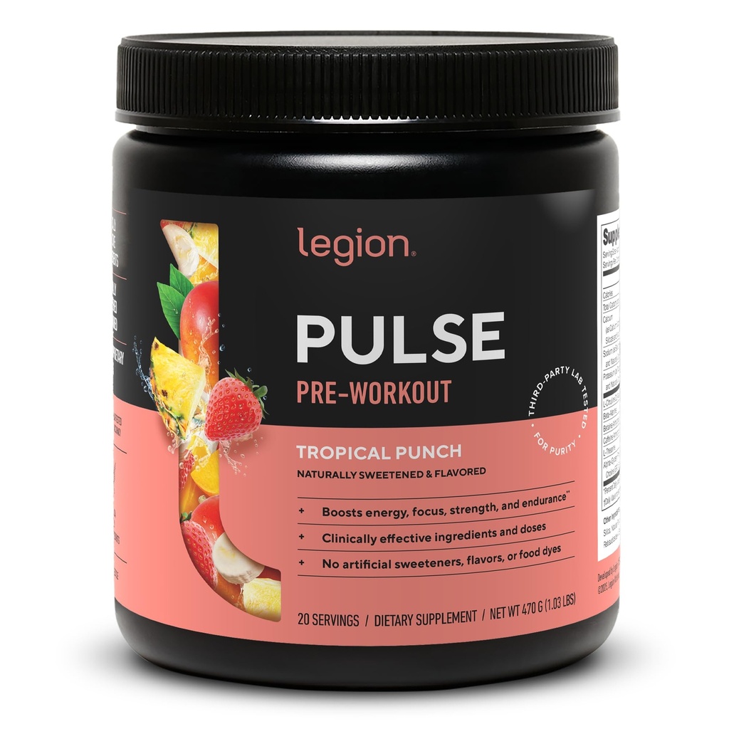 LEGION Pulse Pre Workout - All Natural Nitrik Oksit Preworkout Drink to Boost Energy, Kretine Free, Natural Sweetized, Beta Alanine, Citrulline, Alpha GPC (Tropical Punch)