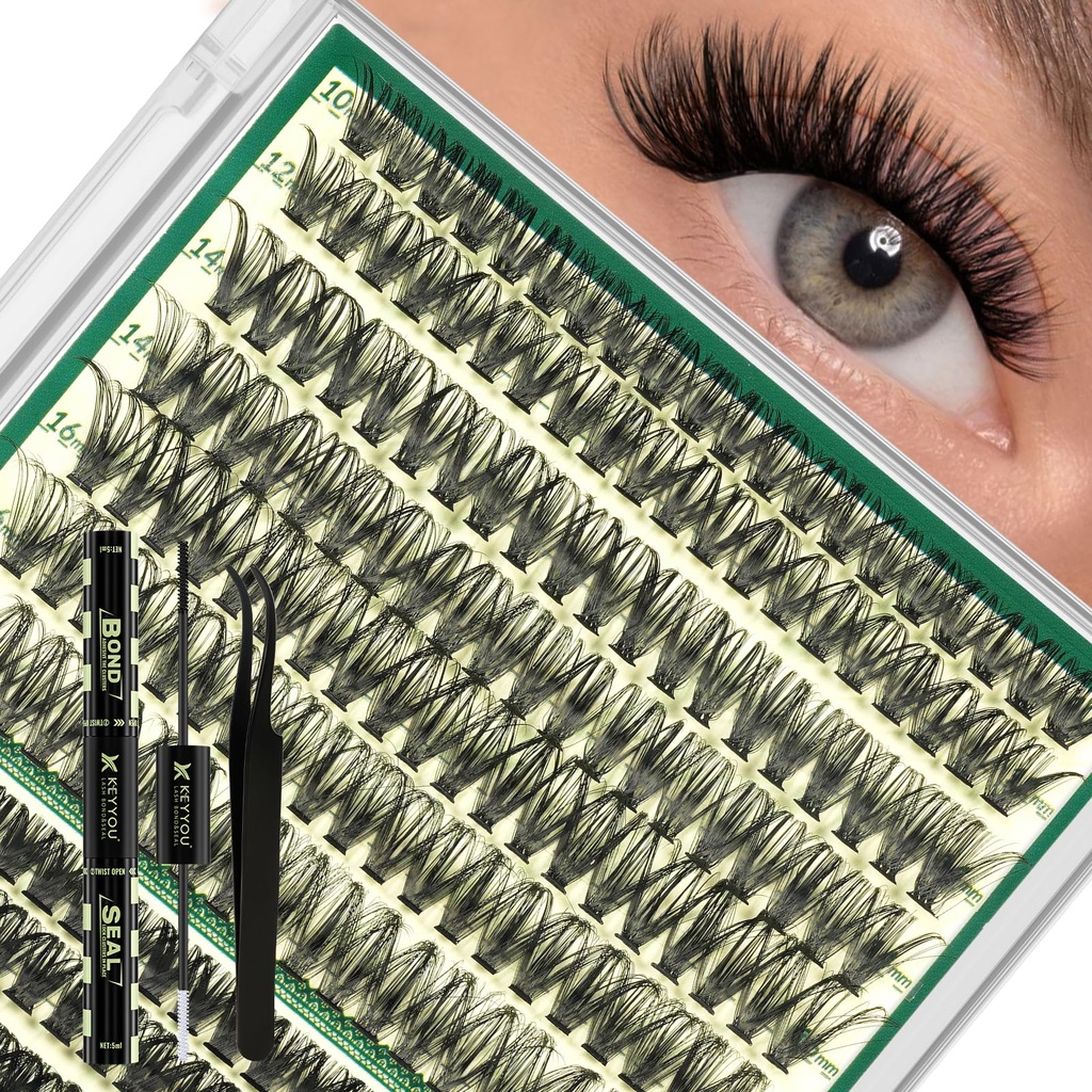 KEYYOU Lash Clusters Kit 60D80D Wispy Voluminous Look for Date or Wedding | 280pcs Super Soft 10-18MIX Includes Bond&Seal and Applicator Fluffy Volume with Comfy Hold for Any Special Occasion