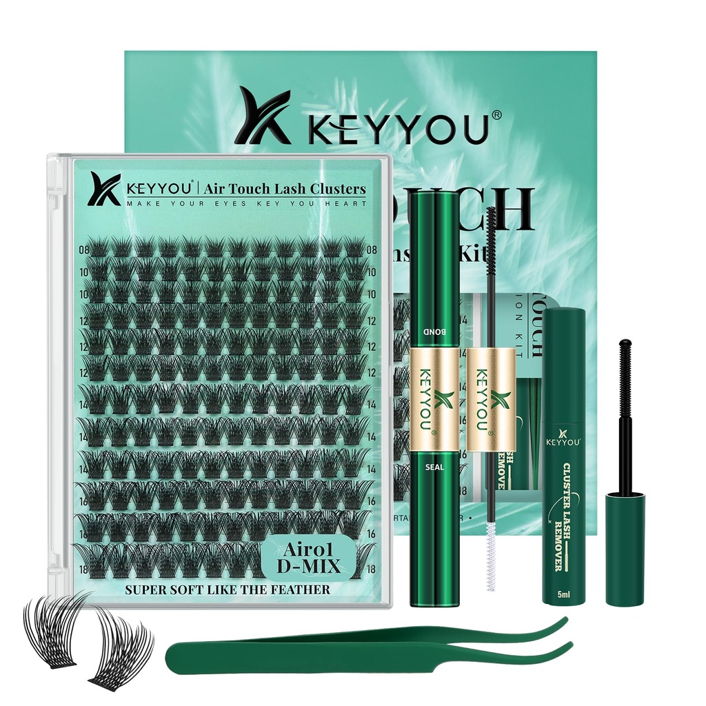 KEYYOU Air Touch Lash Kit Zero Weight Feel for Natural Everyday Makeup Look | D Curl 8-18mm with Bond&Seal, Applicator,Remover Breathable High-Oxygen Fibers Soft Material Great for Travel or Office