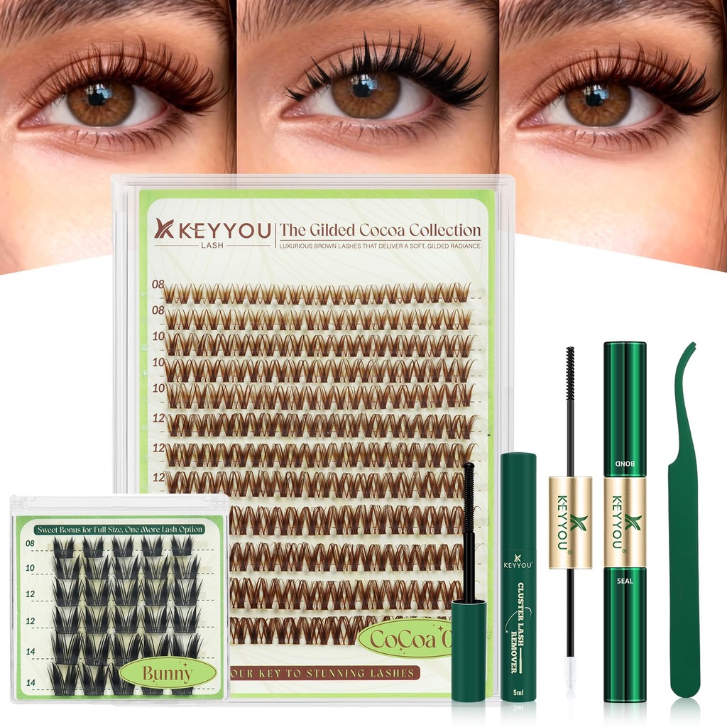 KEYYOU Brown Flora Clusters Kit w/Black Bunny Lashes for Dramatic Parties | 162pcs Flaunt D Curl 8-16/8-14mm,with Bond&Seal,Remover,Applicator Voluminous Fluffy look Perfect for weddings or a night out