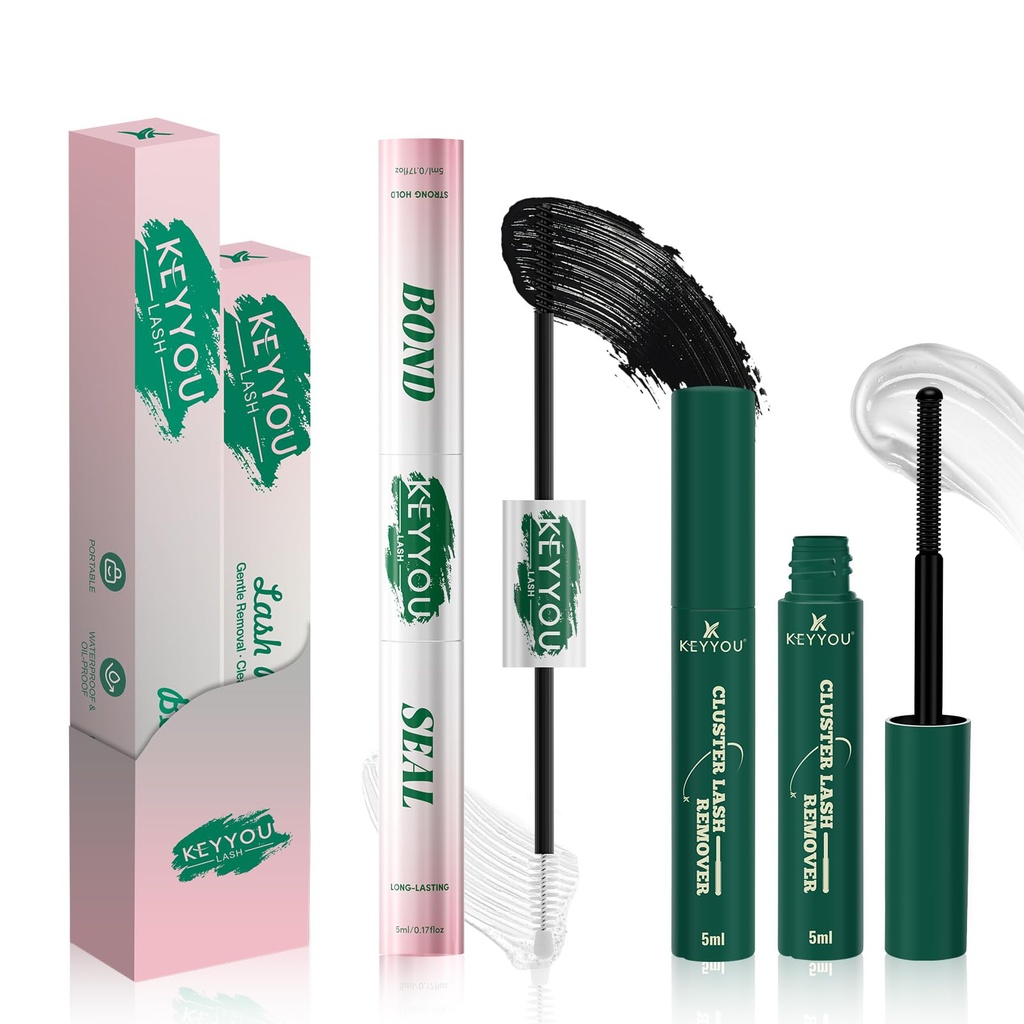 KEYYOU Lash Bond and Seal with Remover, Black Lash Glue Waterproof for Lash Clusters, Long-Lasting Strong Hold DIY Eyelash Glue, Vegan Non-Irritating with Gentle Oil-Based Lash Remover