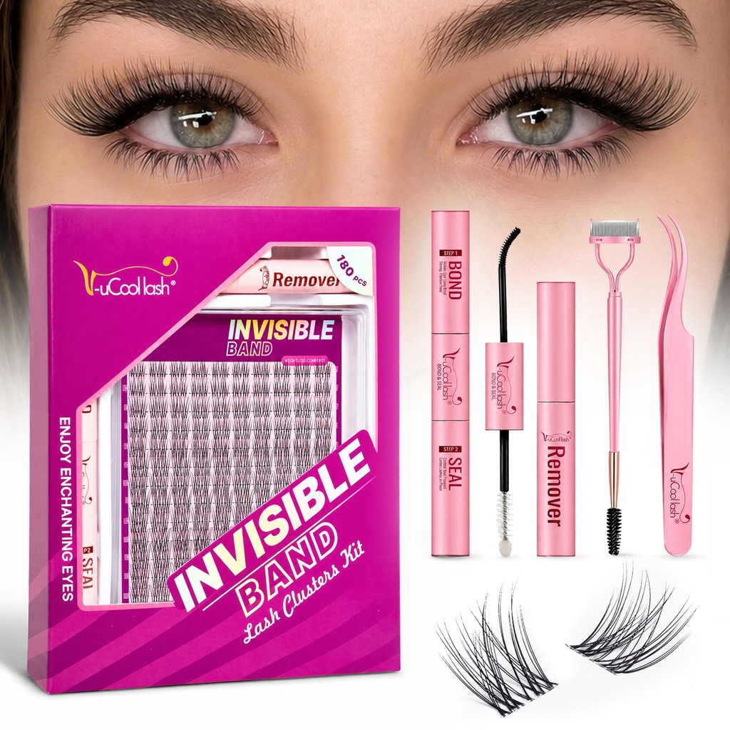 Flora Natural Wispy Lash Clusters Kit, 180 Pcs, 8-18mm, Invisible Band | DIY Eyelash Extension Kit, Invisible Band Cluster Lashes with Lash Bond & Seal, Tweezers, Remover for At Home Lashes