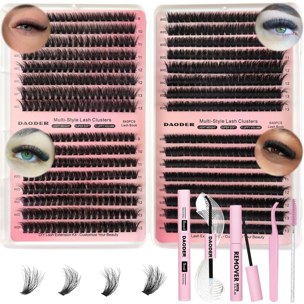 DAODER Thick Short Eyelash Extension Kit 9-13MM Wispy Fluffy Lash Clusters Kit with Remover 50D+60D+80D+100D Cluster Eyelash Extensions D Curl with Bond And Seal 640pcs (50D+60D+80D+100D Kit 9-13MM)