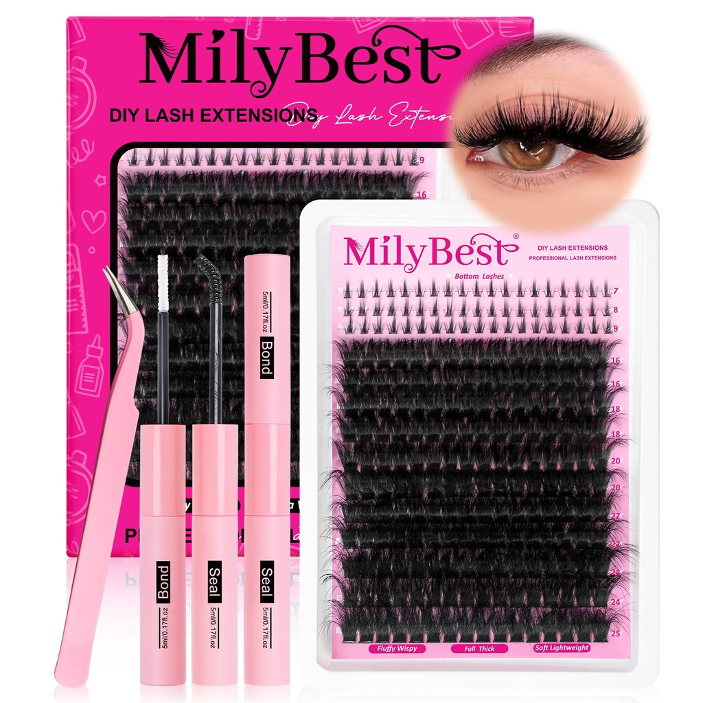 MilyBest Fluffy Lash Clusters Kit with Bottom Lashes, 16-25mm Long Thick Cluster Eyelash Extensions, 233Pcs 200D Volume Eyelash Clusters with Lash Bond and Seal Wispy D Curly Individual Lashes Kit
