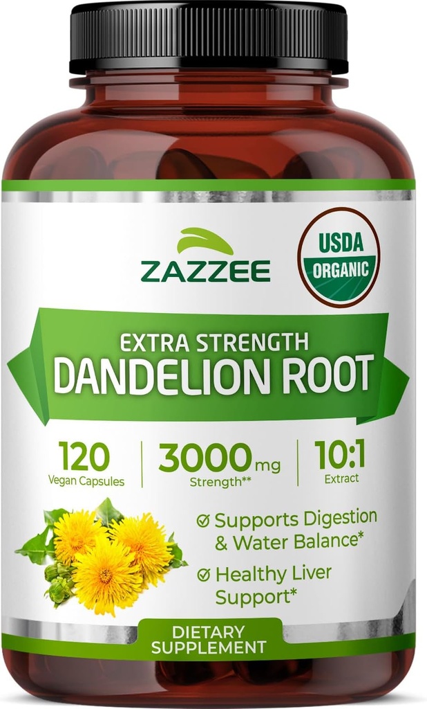 Zazzee USDA Organik Dandelion Root 10:1 Ekstraksiyon, 3000 mg Güçlü, 120 Capsules, 4 Ay Supply, Standartlaştırılmış ve Yoğun 10X Ekstraksiyon, %100 Vejetaryen, All-Doğal ve Non-GMO