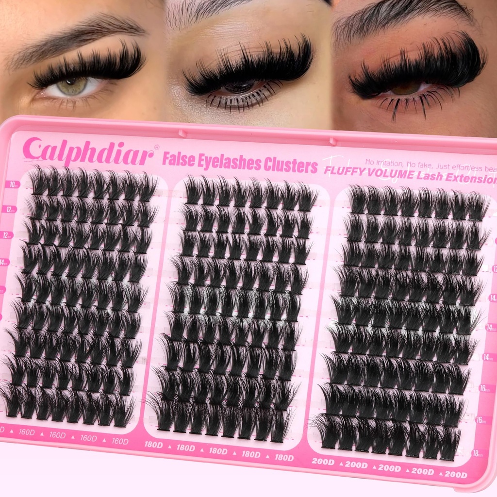 Fluffy Lash Clusters Thick Volume Lash Extension 10-18mm Cluster Eyelash Extensions Individual Lashes Wispy Eyelash Clusters Easy to Apply Cluster Lashes DIY Dramatic Lash Fills (160D+180D+200D)