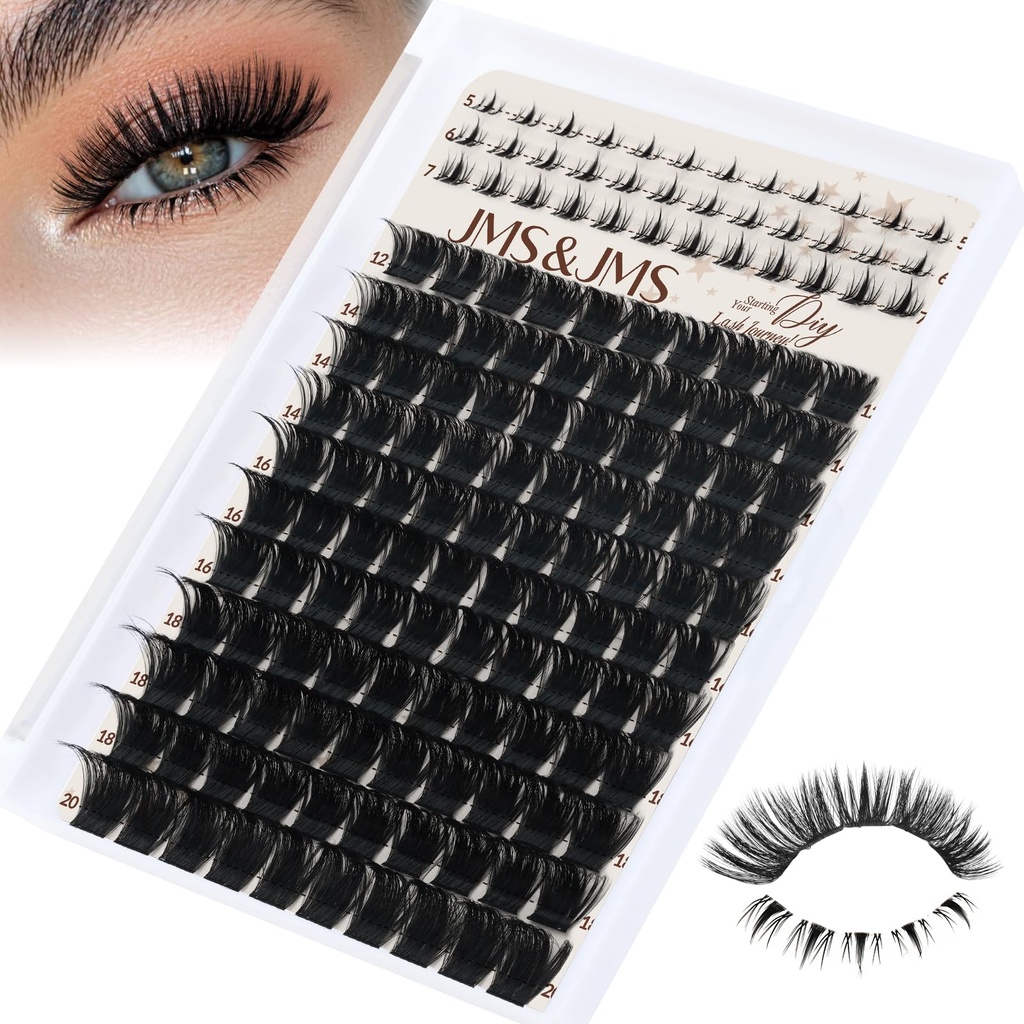 JMS&JMS Fluffy Lash Clusters 300D with Bottom Fairy Lashes, Volume Eyelash Clusters 12-20mm, D Curl Eyelash Extension, Supersoft Individual Lashes Wispy Cluster Lashes Dramatic Full Look Eyelash