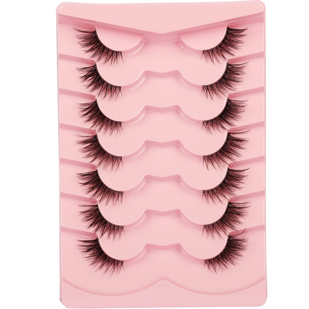 False Eyelashes Natural Half Lashes Cat Eye Clear Band Lashes Fluffy Wispy 3D Faux Mink Lashes Pack Soft Strips Fake Eyelashes 7 Pairs