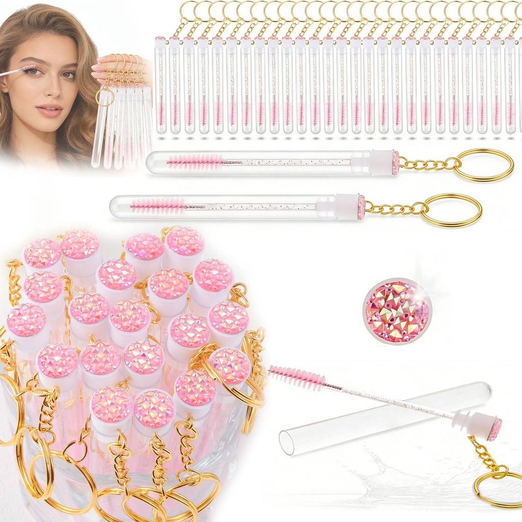 20 Pack Disposable Diamond Mascara Brushes with Keychain Tube Spoolies for Lash Extensions Mascara Wands Makeup Tools Women Girls