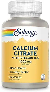 Solaray Calcium Citrate with Vitamin D3 1000mg - Δύναμη των οστών και Υγιεινή Υποστήριξη Δόντια - Gentle Digestion Formula - Lab Επαληθευμένο, 60-Day Εγγύηση - 15 Μερίδες, 90 κάψουλες