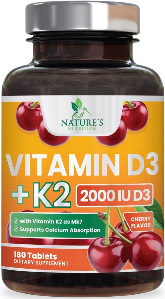 Βιταμίνη D3 K2 2000 IU Plus με K2 (MK-7) 75 mcg - Βιταμίνες D & K Complex Supplement για Οστά, Δόντια, Μυς, Απορρόφηση ασβεστίου, Υποστηρίζει την Ανοσοποιητική & Καρδιακή Υγεία, Μη ΓΤΟ Μασώμενη Φόρμουλα - 180 δισκία