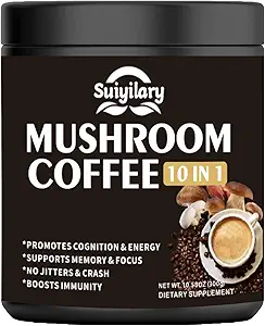 Mushroom Coffee, 10 Mushroom Extract Toz Blend Lion's Mane, Reishi, Chaga, Cordyceps, Türkiye Tail, Brain Supplements with Instant Coffee for Energy, Focus, Memory and Immunity 300g