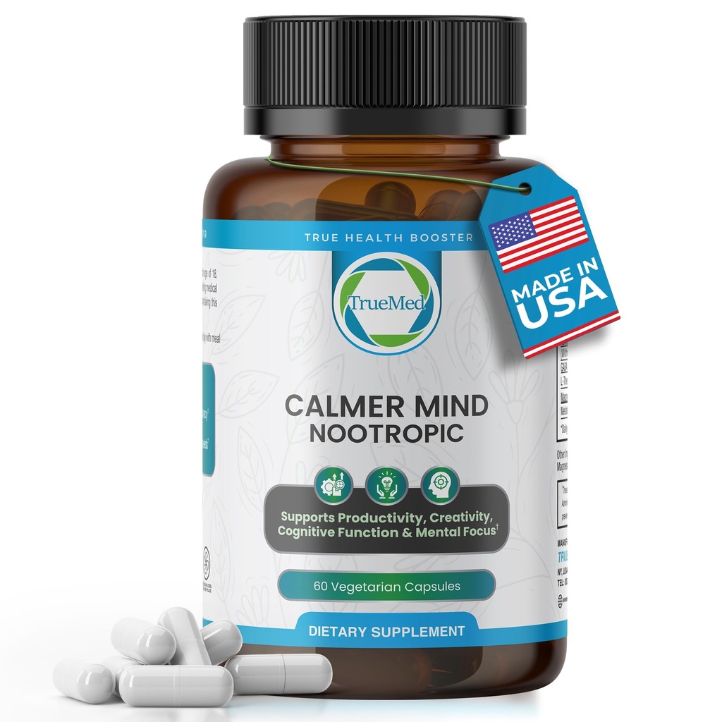 Calmer Mind Nootropic Ashwagandha, GABA, L-Theanine, Magnesium & Melatonin - Supports Focus, Productivity, Creativity & Cognitive Function - Calmness & Mood Support - 60 Vegetable Capsules