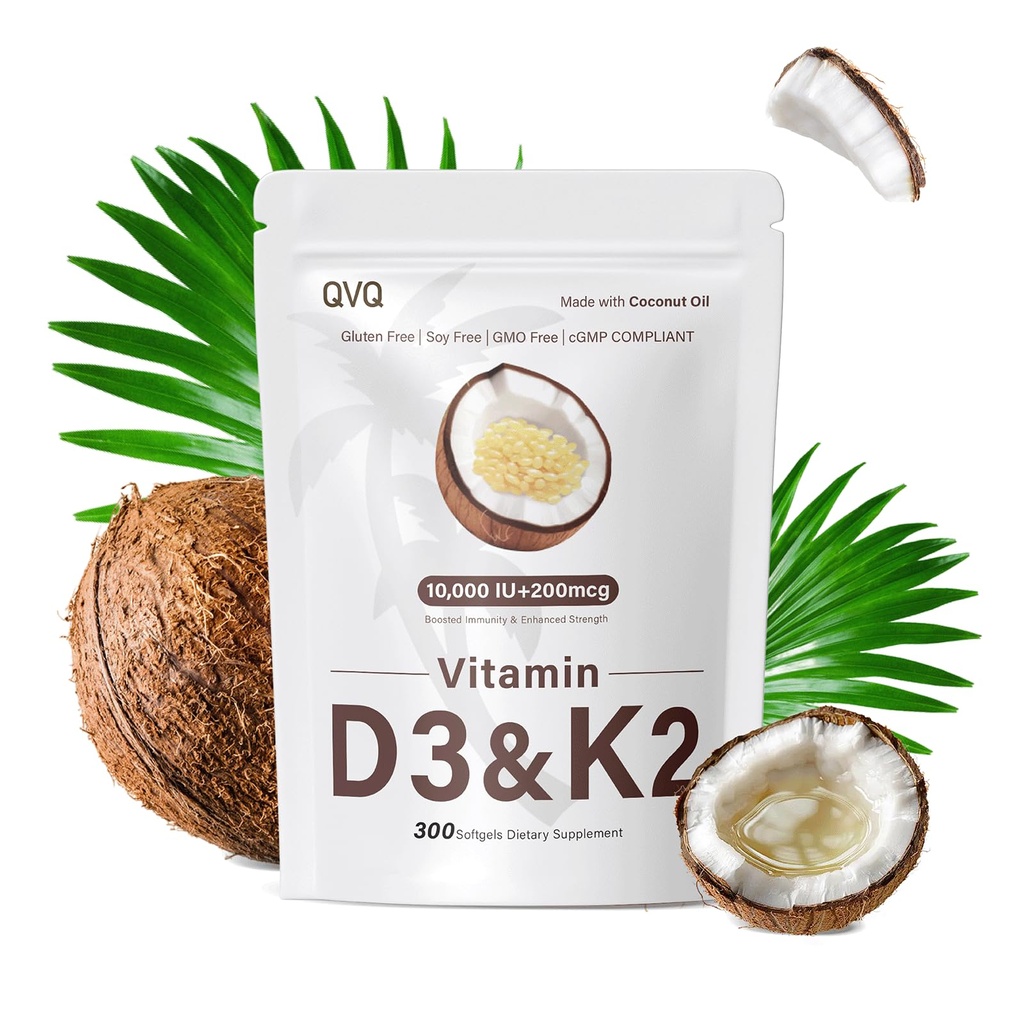 300 D3 10000 iu Plus K2 (MK-7) 200 mcg Virgin Coconut Oil Yumuşakgels with Vitamins D & K Supportsuba Abxia, Bone, Immune, & Heart Health - Easy to Swallow