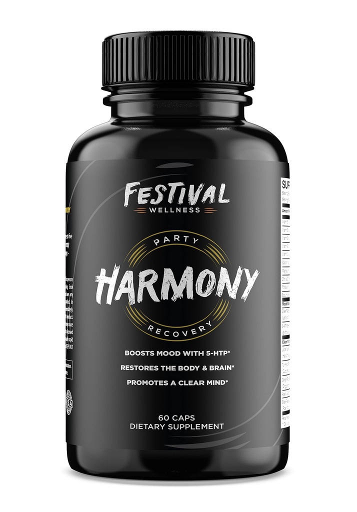Harmony: Festival Recovery | Post-Festival, Rave, and Party Recovery Supplement | 5-HTP + Mood Boost, Replenishes B-Vitamins & Electrolytes, Clear Minds