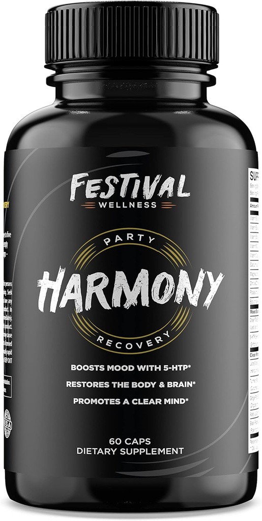 Harmony: Festival Recovery | Post-Festival, Rave, and Party Recovery Supplement | 5-HTP + Mood Boost, Replenishes B-Vitamins & Electrolytes, Clear Minds