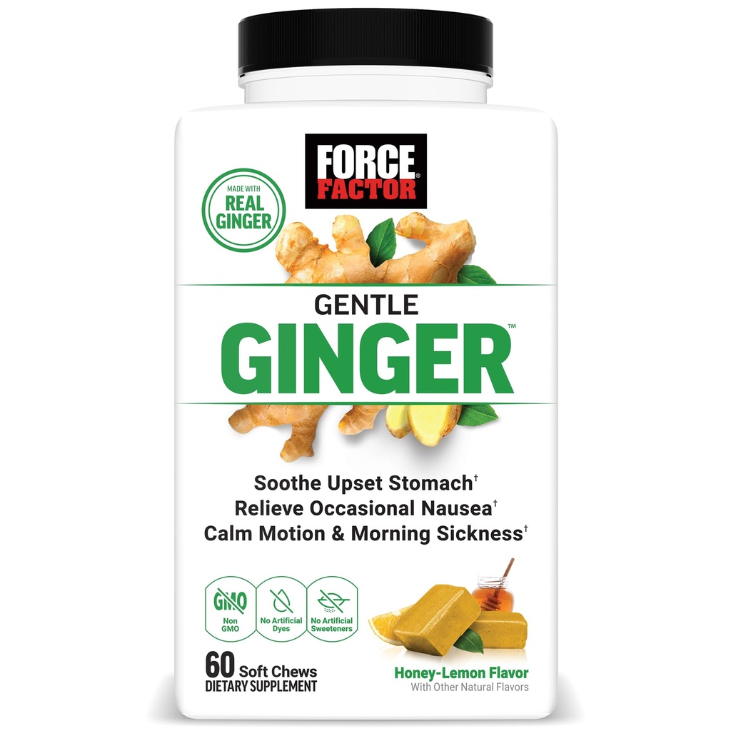 FORCE FACTOR Gentle Ginger Chews for Nausea Relief, Motion Sickness, and Morning Sickness, Ginger Supplement with Vitamin B6 for Digestive Support, Non-GMO, Honey-Lemon Ginger Flavor, 60 μαλακά μάσημα