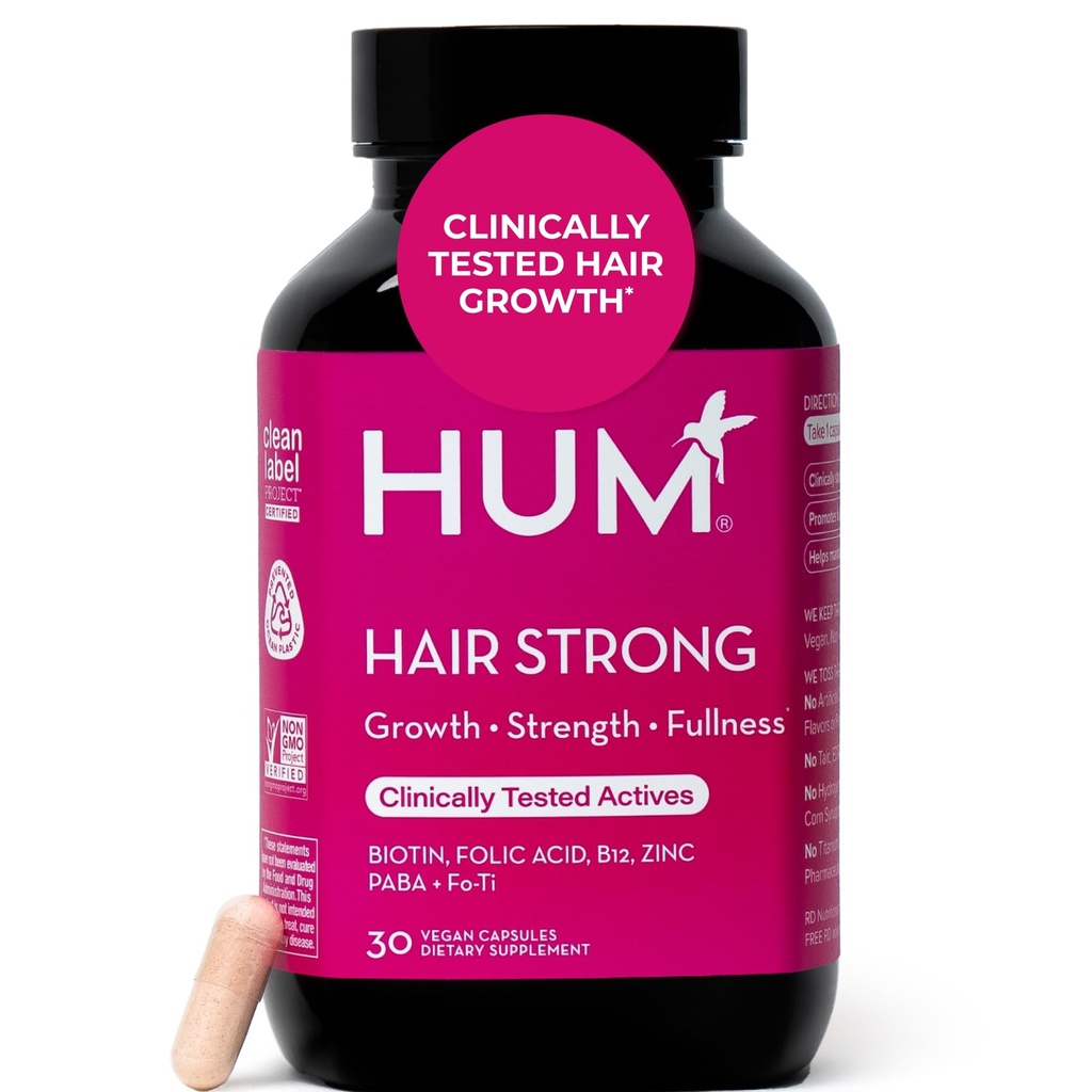 HUM Saç Güçlü Günlük Saç Büyümesi Biotin, çinko, Vitamin B12 Büyümeyi Desteklemek için, Kadın ve Erkekler için Sağlıklı Saç Desteği için B12 Vitamini, 30 Vegan Capsules