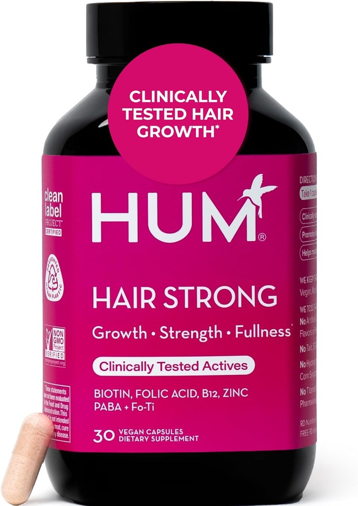 HUM Saç Güçlü Günlük Saç Büyümesi Biotin, çinko, Vitamin B12 Büyümeyi Desteklemek için, Kadın ve Erkekler için Sağlıklı Saç Desteği için B12 Vitamini, 30 Vegan Capsules