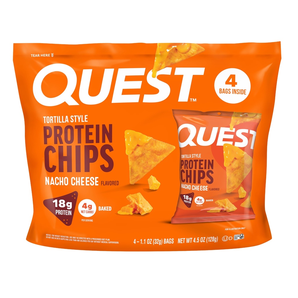 Quest Nutrition Nacho Cheese Tortilla Style Protein Chips, 18g Protein, 4g Net Carb, Low Carb, Gluten Free, 1.1 oz (Pack of 4)