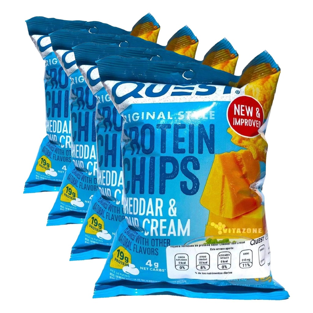 Quest Nutrition Protein Chips, Cheddar & Sour Cream, 22g Protein, 4g Net Carbs, 140 Cals, 1.2oz Bag, 1 Count, High Protein, Low Carb, Gluten Free, Soy Free, Potato Free (Pack of 4)