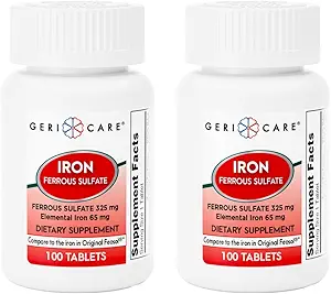 GeriCare Ferrous Sulfate Tabletler 325 mg, Elemental Iron 65 mg Yüksek Potency Iron Supplement | Diyeter Supplement 100 Count. (Pack of 2)