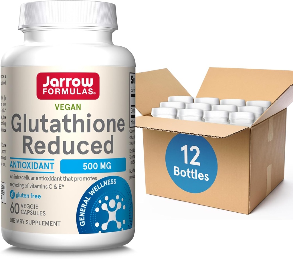 Jarrow Formulas Glutathione Μειωμένη 500mg- 60 κάψουλες Veggie- Ενδοκυτταρικά συμπληρώματα αντιοξειδωτικής- ποιότητας γλουταθειόνης- Υποστηρίζει Ανακύκλωση των βιταμινών C & E- μη Γλουτένης - Χωρίς Vegan, Συσκευασία των 12