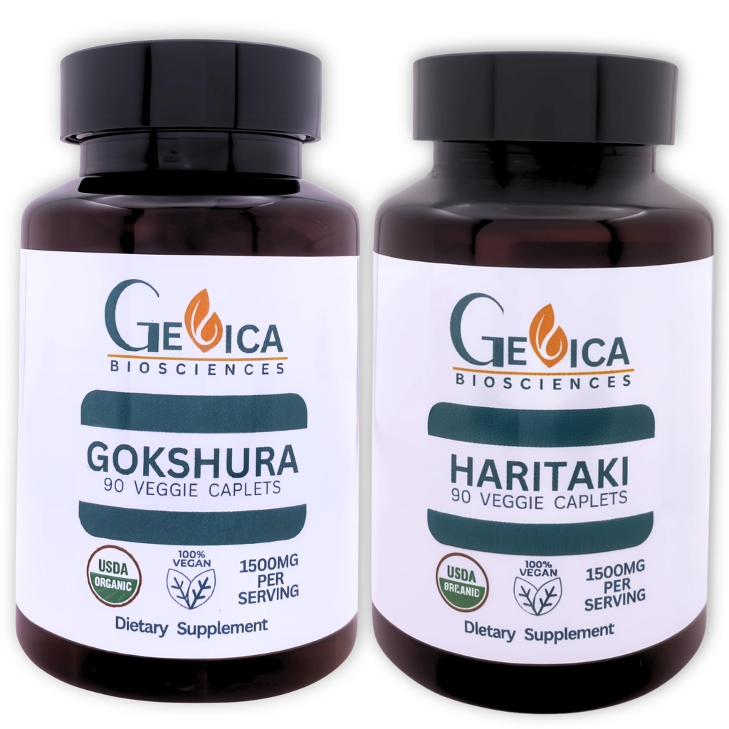 USDA Organic Gokshura (Tribulus terrestris) + Haritaki (Terminalia chebula) Bundle – 1500 mg per Serving Each, Whole Herb Powder, No Extracts, 90 Caplets Each