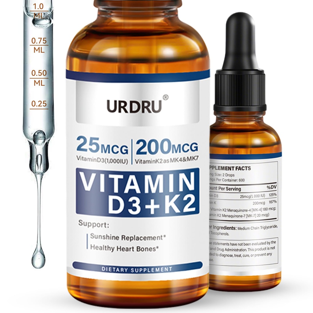 Organic Vitamin D3 K2 Liquid Drops - 1 Fl Oz Max Absorption 1,000 IU D3 & 200mcg K2 Drops for Immune & Mood, Bone & Teeth Health – 30ml