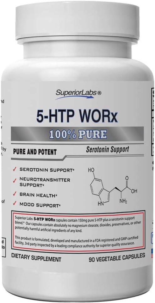 Üstün Laboratuvarlar - 5-HTP Worx - 150 mg Pure 5-HTP Plus Potent Serotonin Blend - 90 Sebze Kapsülleri - Serotonin Amplification - Nörotransmitter Desteği - Beyin Sağlığı - Mood Destek
