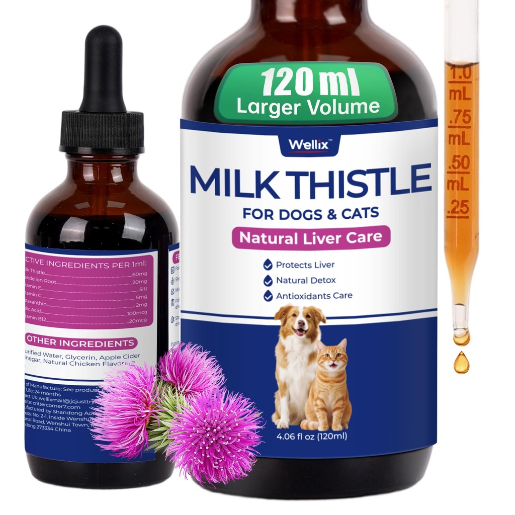 Wellix 120ml Milk Thistle for Cats & Dogs, Advanced Formula with Astaxanthin for Detox and Antioxidant, Dog Liver Supplement, Chicken Flavor Milk Thistle Liquid