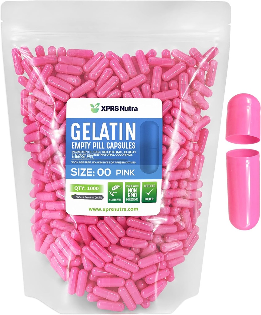 XPRS Nutra Μέγεθος 00 Κενές κάψουλες - 1000 Count Empty Gelatin Κάψουλες - Χάπια DIY Καψάκιο Γέμισμα - Γέμισμα χάπια Gel Caps για Do-It-Yourself Συμπληρώματα (Pink)