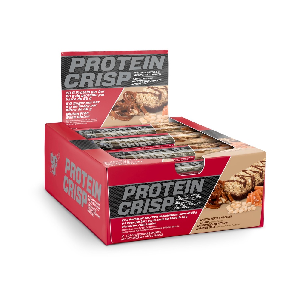BSN protein Crisp Bar, Salted Toffee Pretzel, 20 Gram Protein Snack Bars with Whey and Fiber, Gluten-Free Crunchy Energy Bars for Workout, Fitness, On-the-Go, 12 Kont