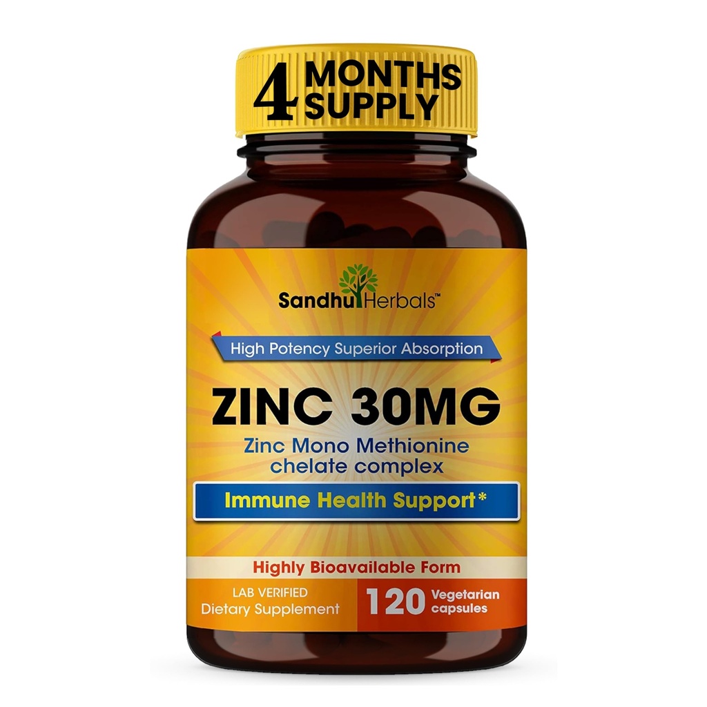 SANDHUHERBALS PVC 30 mg Capsules for Men & Women | 120 Kont ( 1) | Çinko Supplements for Immune & Antioksi | Zink 30 mg Supplement Supports Skin Health