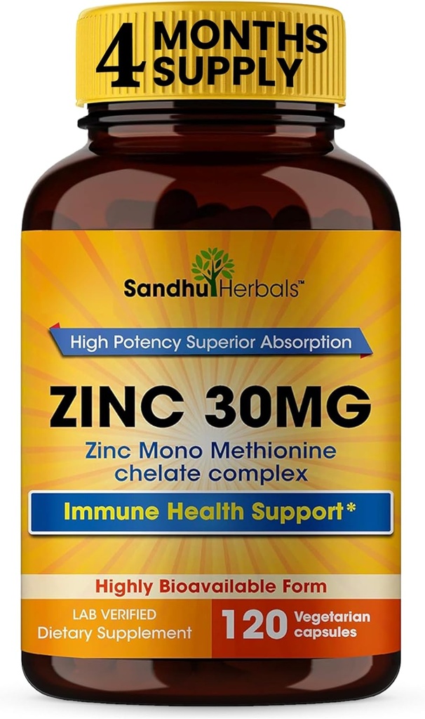 SANDHUHERBALS PVC 30 mg Capsules for Men & Women | 120 Kont ( 1) | Çinko Supplements for Immune & Antioksi | Zink 30 mg Supplement Supports Skin Health
