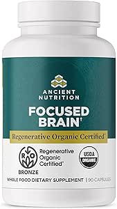 Ancient Nutrition Regenerative Organic Certified Focused Brain Capsules, Made with Ginkgo Leaf, Lion's Mane to Help Reduce Stress, Gluten Free, Paleo and Keto Friendly, 90 Count