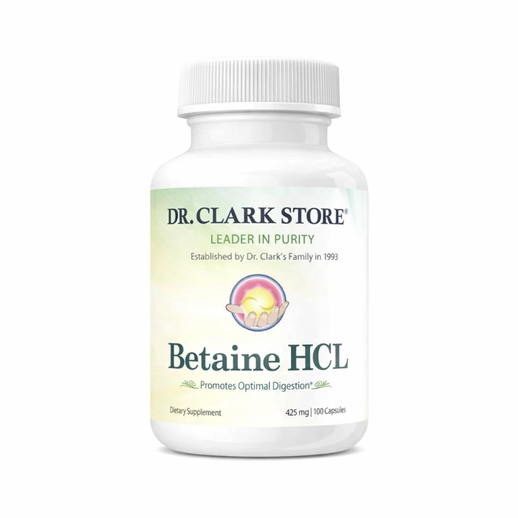 Dr. Clark Betaine HCL Digestive Enzymes - Asit Reflux Tıp, Hydrochloric Asit Protein Tamam, Optimal Digestion Formula, 100 Gelatin Capsules, 425 mg