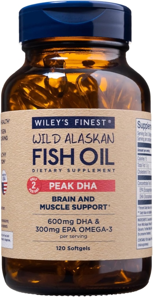 Wiley's Finest Wild Alaskan Fish Oil Peak DHA - 900 mg EPA ve DHA Omega Omega-3s - 120 Softgels (60 Hizmet)