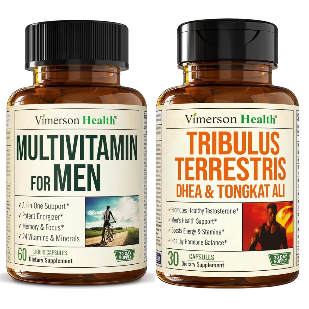 Vimerson Health Men's Liquid Multivitamin & Tribulus Terrestris with DHEA and Tongkat Ali – Energy, Vitality & Testosterone Support for Active Men