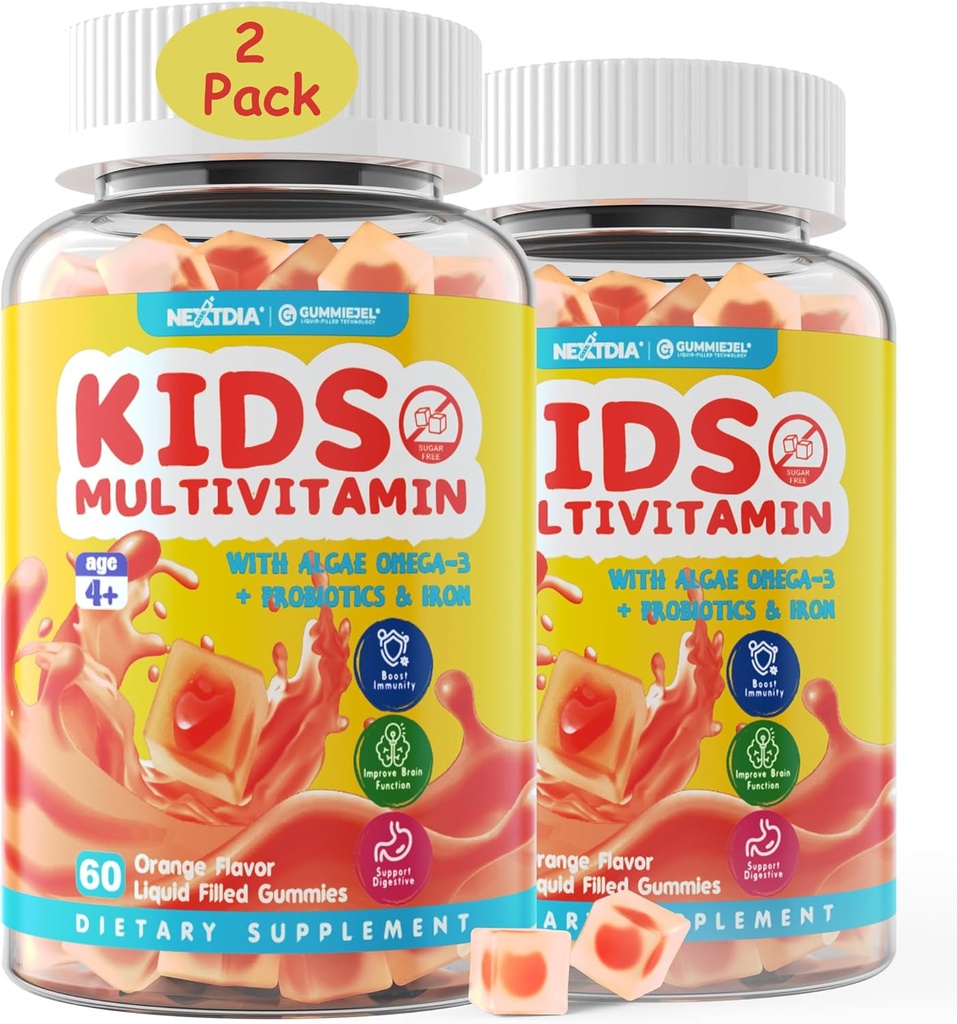 (2 Pack) Παιδικές πολυβιταμίνες με σίδηρο, ζάχαρη χωρίς, Παιδικές ημερήσιες βιταμίνες + προβιοτικά, Algae Omega 3 (EPA/DHA), A, C, D, Methyl B12, Folate, B6, Ψευδάργυρος, Βιοτίνη, για υγιή ανάπτυξη, Ανοσοποιητική υποστήριξη