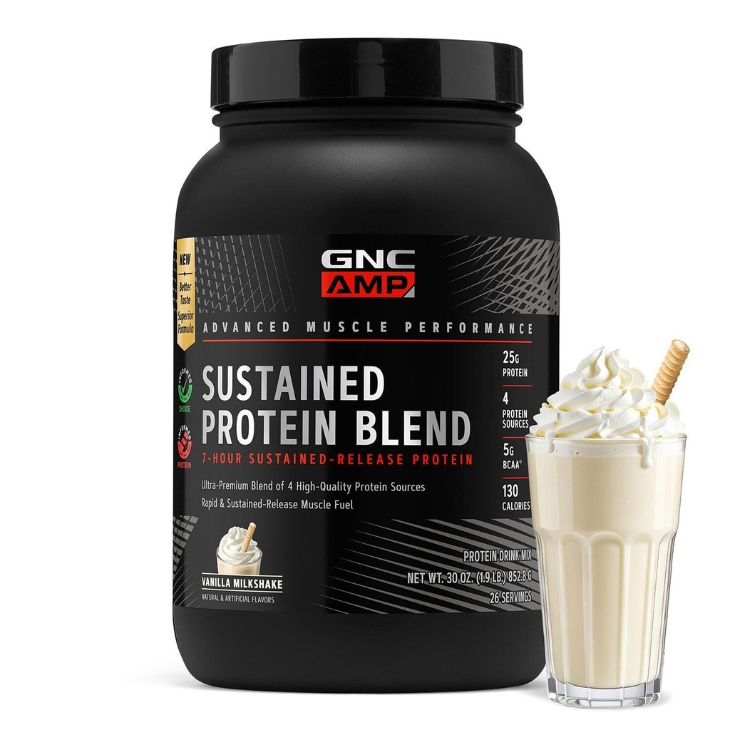 GNC AMP Sustained Protein Blend, Vanilla Milkshake, 30 Oz, 26 Servings
