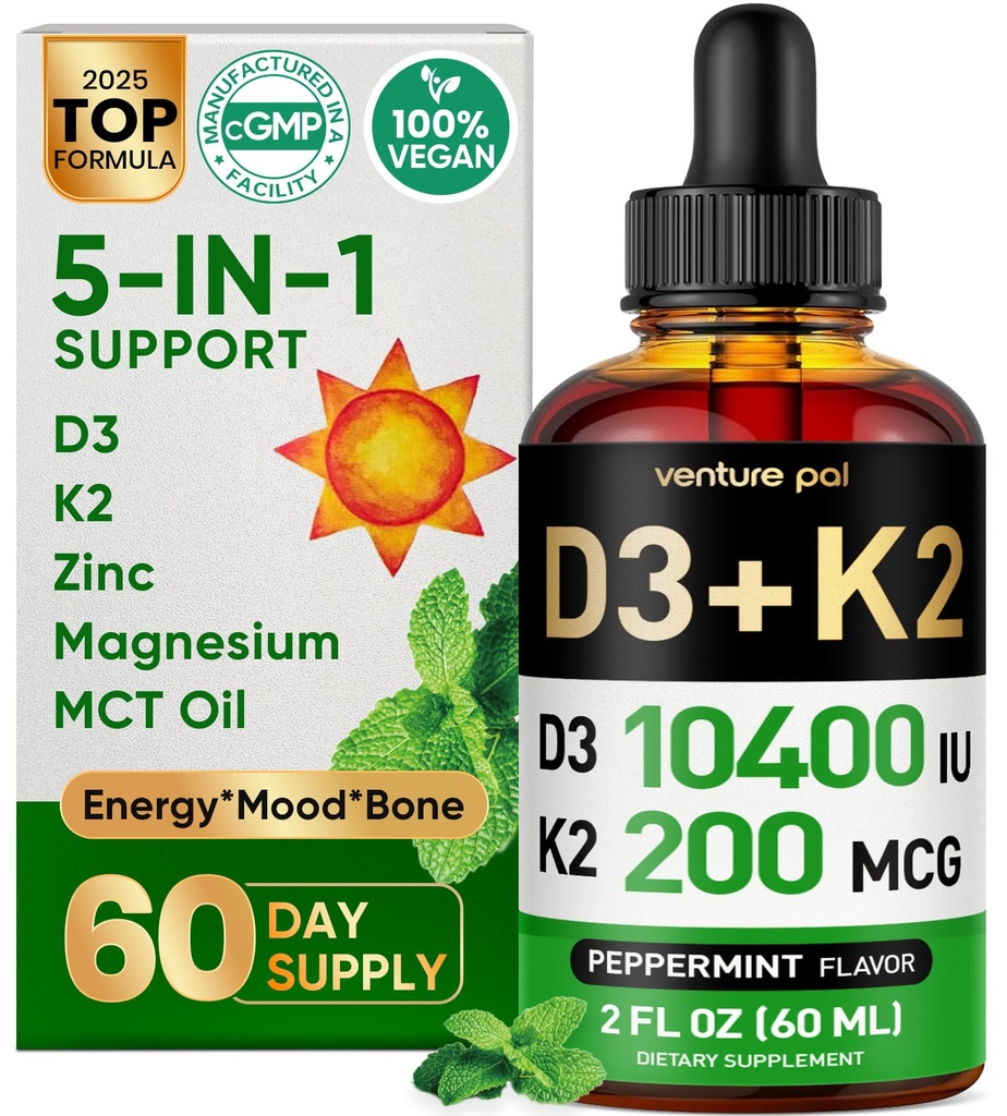 5-in-1 Vitamin D3 K2 Drops - Vitamin D3 10000 IU & K2(MK-7) 200mcg with Magnesium, MCT Oil, Zinc, Sugar Free Vitamin D Liquid Supplement|Maximum Absorption for Bone, Mood & Immune - 2 FL OZ, 60 Days