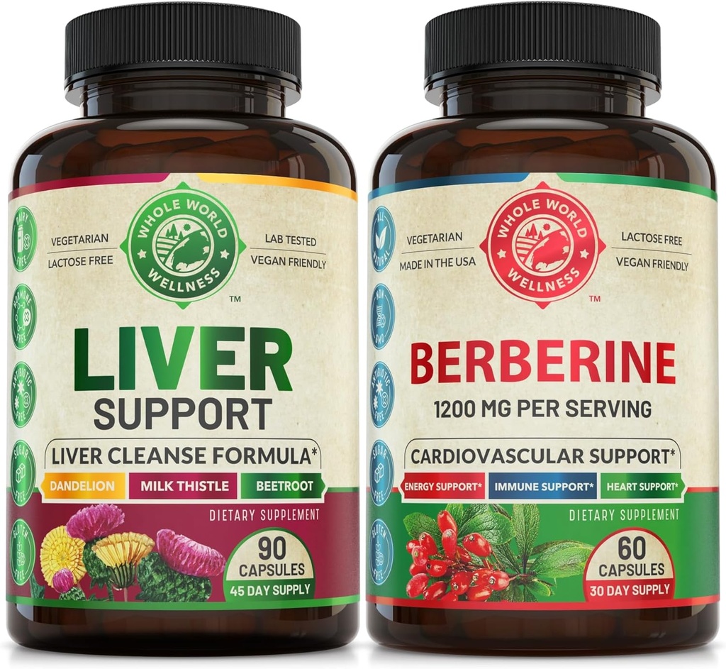 Liver Cleanse Detox Tamir Formula ve Premium Berberine Sche (bir şişe her biri). Liver Health, Cardiovascular Health, Energy Boost, Metabolic Function. ABD Made.